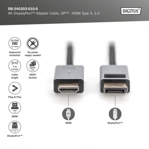Kabel adapter DisplayPort - HDMI 4K 30Hz DP/HDMI M/M 1m Kabel adapter DisplayPort - HDMI 4K 30Hz DP/HDMI M/M 1m