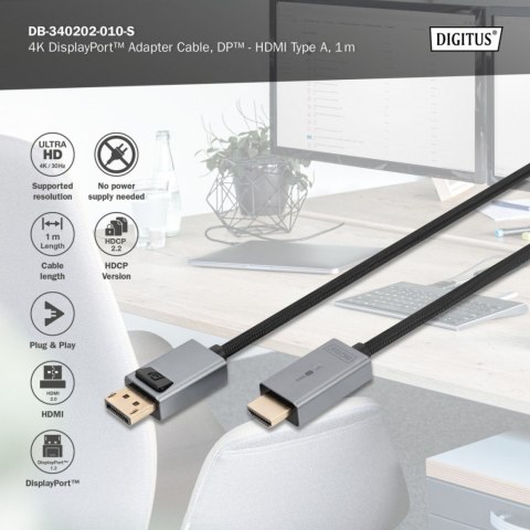 Kabel adapter DisplayPort - HDMI 4K 30Hz DP/HDMI M/M 1m Kabel adapter DisplayPort - HDMI 4K 30Hz DP/HDMI M/M 1m
