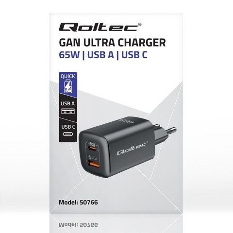 Ładowarka sieciowa 65W GaN ULTRA | 5-20V | 2.25-3.25A | 1 x USB typ C PD | 1 x USB | Czarna Ładowarka sieciowa 65W GaN ULTRA | 5-20V | 2.25-3.25A | 1 x USB typ C PD | 1 x USB | Czarna