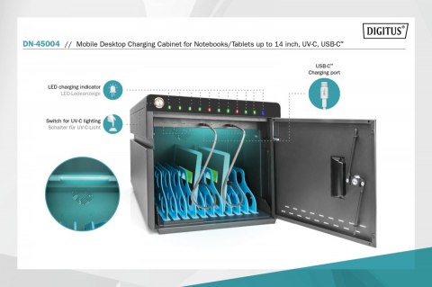 Szafa mobilna desktopowa do ładowania notebooków/tabletów do 14" z UV-C i USB-C Szafa mobilna desktopowa do ładowania notebooków/tabletów do 14" z UV-C i USB-C