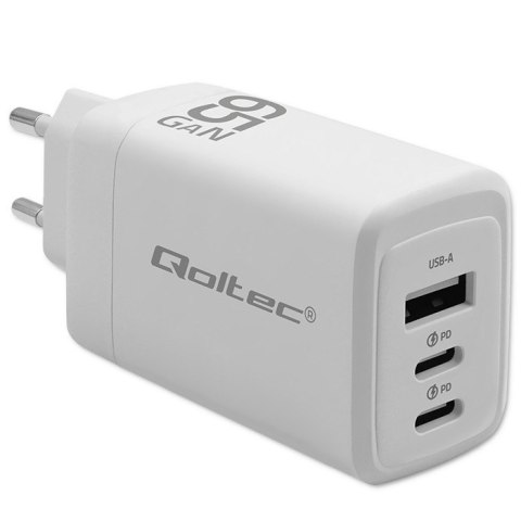 Ładowarka sieciowa 65W GaN | 5-20V | 3-3.35A | 2xUSB-C PD | 1xUSBQC 3.0 | Biała Ładowarka sieciowa 65W GaN | 5-20V | 3-3.35A | 2xUSB-C PD | 1xUSBQC 3.0 | Biała