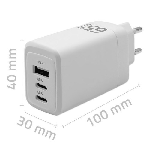 Ładowarka sieciowa 65W GaN | 5-20V | 3-3.35A | 2xUSB-C PD | 1xUSBQC 3.0 | Biała Ładowarka sieciowa 65W GaN | 5-20V | 3-3.35A | 2xUSB-C PD | 1xUSBQC 3.0 | Biała