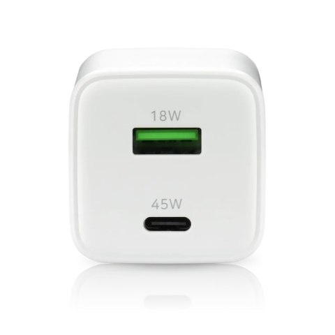 Ładowarka sieciowa GaN 1X USB, 1X USB-C 45W QC4+ PD Biała Ładowarka sieciowa GaN 1X USB, 1X USB-C 45W QC4+ PD Biała