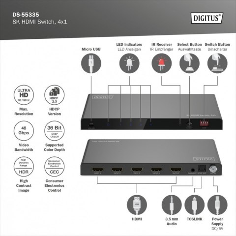 Przełącznik / Switch HDMI 4x1, 8K/60Hz (4:4:4) z HDR, 48 Gbps, HDCP 2.3, Toslink / Stereo, EDID