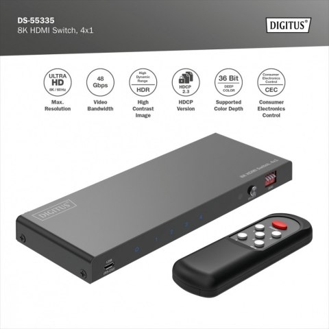 Przełącznik / Switch HDMI 4x1, 8K/60Hz (4:4:4) z HDR, 48 Gbps, HDCP 2.3, Toslink / Stereo, EDID