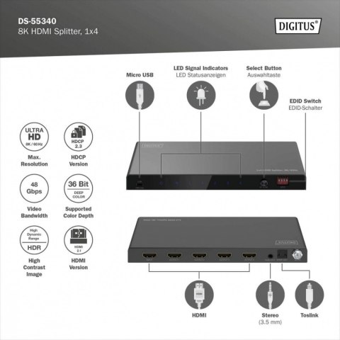 Rozdzielacz/Splitter HDMI 1x4, 8K/60Hz (4:4:4) z HDR, 48 Gbps, HDCP 2.3. Toslink / Stereo, EDID