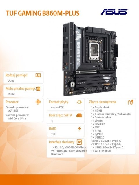 Płyta główna TUF GAMING B860M-PLUS s1851 4DDR5 USBC mATX