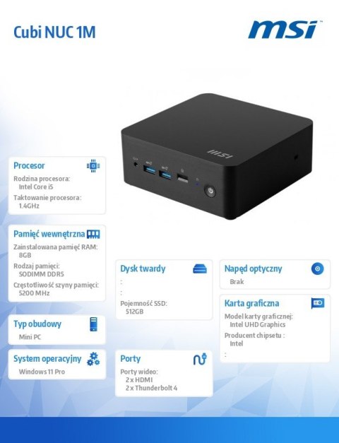 Komputer Cubi NUC 1M-002EU WIN11PRO/Intel Core i5-120U/8GB/512SSD/WiFi/BT/Czarny Komputer Cubi NUC 1M-002EU WIN11PRO/Intel Core i5-120U/8GB/512SSD/WiFi/BT/Czarny