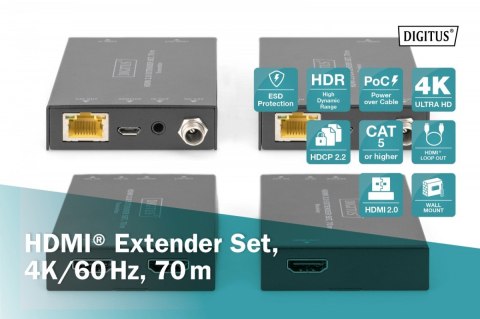 Przedłużacz / Extender HDMI 70m po skrętce kat.5e/6/7 4K 60Hz PoC (Power over Cable) (zestaw) Przedłużacz / Extender HDMI 70m po skrętce kat.5e/6/7 4K 60Hz PoC (Power over Cable) (zestaw)