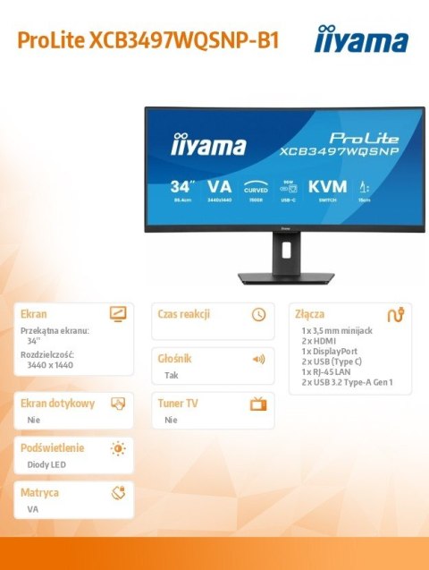 Monitor 34 cali XCB3497WQSNP-B1 VA,UWQHD,1500R,USB-cDock,KVM,95W, 2xHDMI, 1xDP, RJ45,2x5W,21:9 /5y/