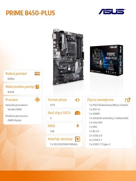 Płyta główna PRIME B450-PLUS AM4 4DDR4 DVI/HDMI/M.2 ATX Płyta główna PRIME B450-PLUS AM4 4DDR4 DVI/HDMI/M.2 ATX