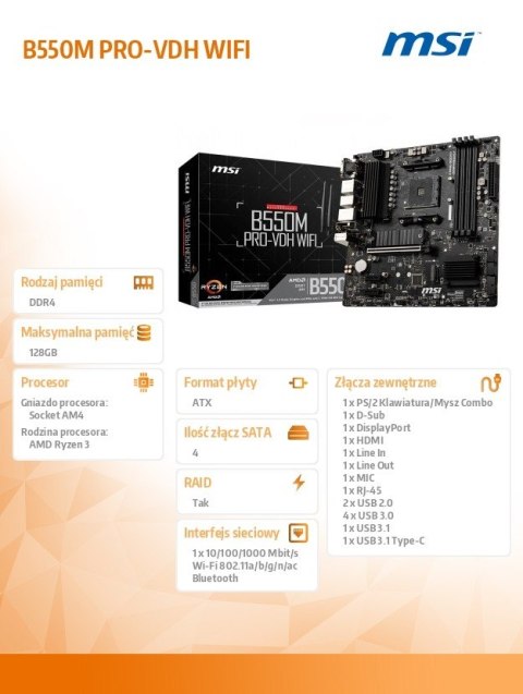 Płyta główna B550M PRO-VDH WIFI AM4 4DDR4 HDMI/DP/VGA M.2 mATX Płyta główna B550M PRO-VDH WIFI AM4 4DDR4 HDMI/DP/VGA M.2 mATX