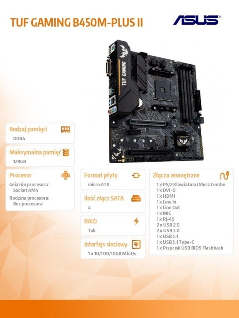 Płyta główna TUF B450M-PLUS II AM4 4DDR4 DVI/HDMI uATX Płyta główna TUF B450M-PLUS II AM4 4DDR4 DVI/HDMI uATX