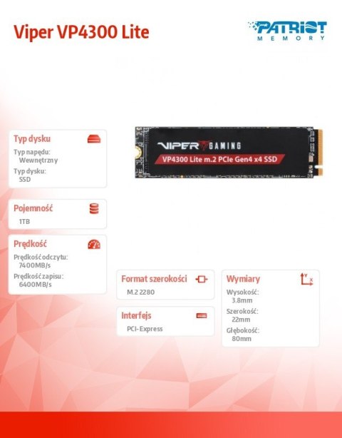Dysk SSD 1TB Viper VP4300 Lite 7400/6400 M.2 PCIe Gen4x4 NVMe 2.0 PS5 Dysk SSD 1TB Viper VP4300 Lite 7400/6400 M.2 PCIe Gen4x4 NVMe 2.0 PS5