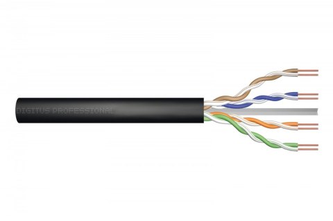 Kabel teleinformatyczny instalacyjny zewnętrzny żelowany kat.5e, U/UTP, Fca, drut, AWG24/1, PE, 305m, czarny, szpula Kabel teleinformatyczny instalacyjny zewnętrzny żelowany kat.5e, U/UTP, Fca, drut, AWG24/1, PE, 305m, czarny, szpula