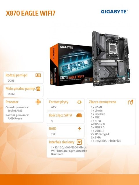 Płyta główna X870 EAGLE WIFI7 AM5 4DDR5 HDMI/USB-C ATX Płyta główna X870 EAGLE WIFI7 AM5 4DDR5 HDMI/USB-C ATX