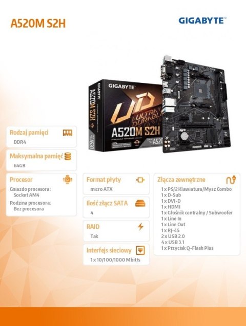 Płyta główna A520M S2H AM4 2DDR4 M.2 HDMI/DVI mATX Płyta główna A520M S2H AM4 2DDR4 M.2 HDMI/DVI mATX