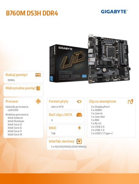Płyta główna B760M DS3H DDR4 s1700 DDR4 2DP/HDMI mATX Płyta główna B760M DS3H DDR4 s1700 DDR4 2DP/HDMI mATX