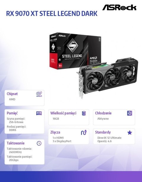 Karta graficzna RX 9070 XT STEEL LEGEND DARK 16GB GDDR6 256bit 3DP/HDMI