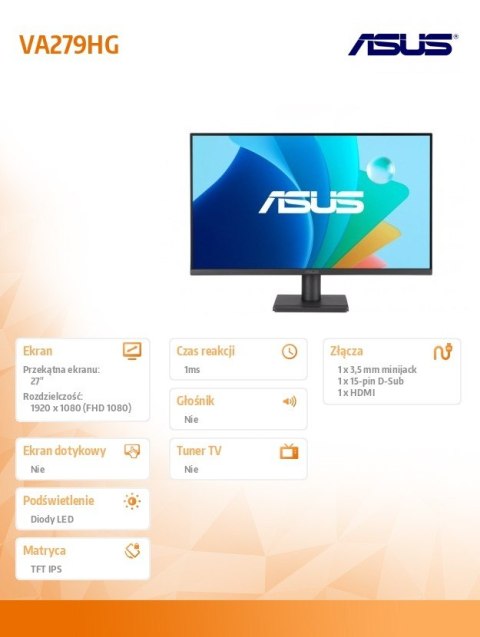 Monitor 27 cali VA279HG IPS FHD 120Hz HDMI VGA