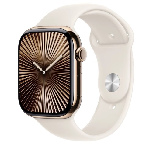Watch Series 10 GPS + Cellular, koperta 46 mm z tytanu w kolorze złotym z paskiem sportowym w kolorze księżycowej poświaty - roz Watch Series 10 GPS + Cellular, koperta 46 mm z tytanu w kolorze złotym z paskiem sportowym w kolorze księżycowej poświaty - roz
