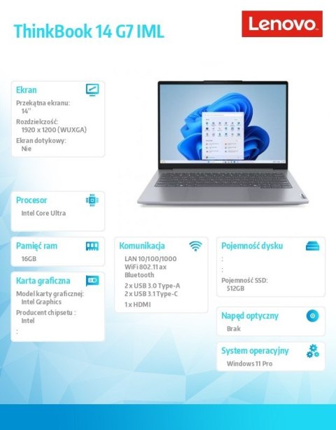Notebook ThinkBook 14 G7 21MR008KPB W11Pro Ultra 5 125U/16GB/512GB/INT/14.0 WUXGA/Arctic Grey/3YRS OS + CO2 Offset