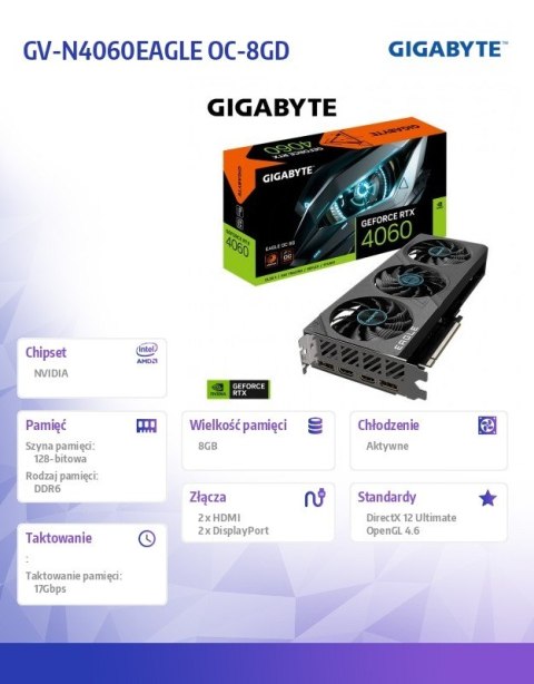 Karta graficzna GeForce RTX 4060 EAGLE OC 8G GDDR6 128bit 2DP/2HDMI Karta graficzna GeForce RTX 4060 EAGLE OC 8G GDDR6 128bit 2DP/2HDMI