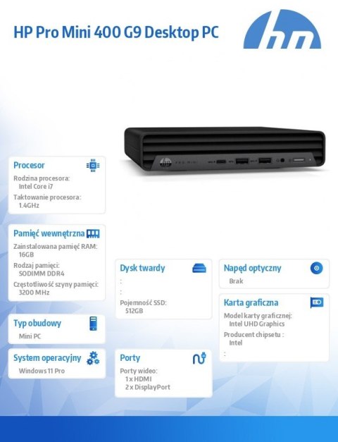 Komputer Mini 400 G9 i7-13700T 16GB/512GB/W11P 936L5EA Komputer Mini 400 G9 i7-13700T 16GB/512GB/W11P 936L5EA