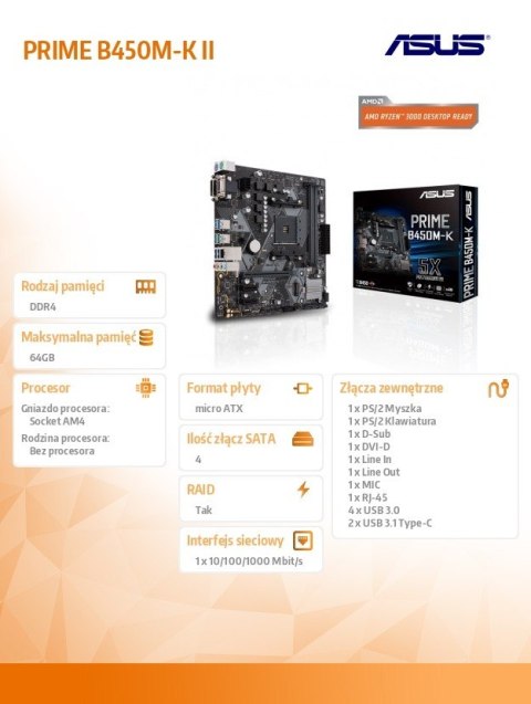 Płyta główna PRIME B450M-K II AM4 2D DR4 DVI/DSUB/USB3.1/M.2 mATX Płyta główna PRIME B450M-K II AM4 2D DR4 DVI/DSUB/USB3.1/M.2 mATX