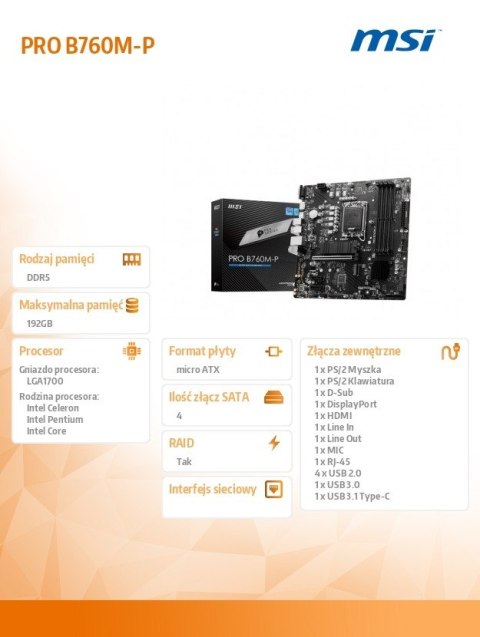 Płyta główna PRO B760M-P s1700 4DDR5 DP/HDMI 2M.2 mATX Płyta główna PRO B760M-P s1700 4DDR5 DP/HDMI 2M.2 mATX