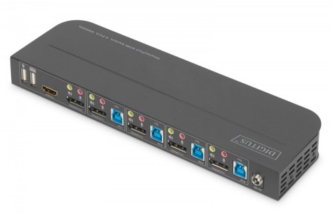 Przełącznik KVM, 4 portowy, 4K 60Hz, 4x DP IN, 1x DP OUT, 1x HDMI OUT, 2x USB A, 1x Audio IN&OUT