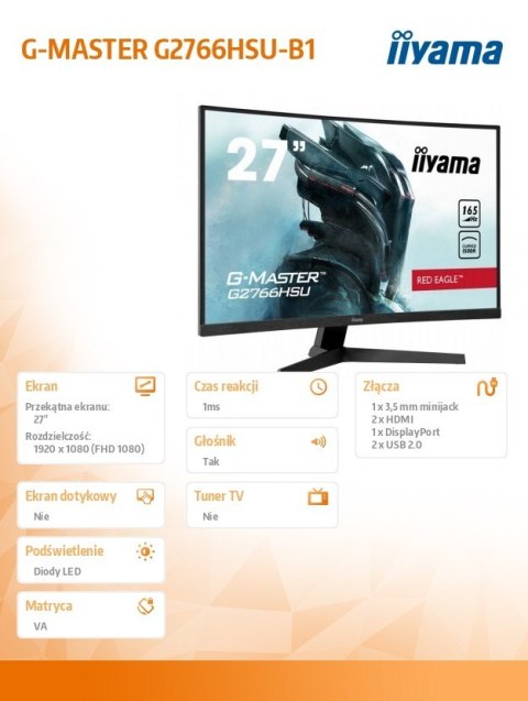 Monitor 27 cali G2766HSU-B1 VA,165HZ,1500R,1MS,DP,HDMIx2,USB,FreeSync Monitor 27 cali G2766HSU-B1 VA,165HZ,1500R,1MS,DP,HDMIx2,USB,FreeSync
