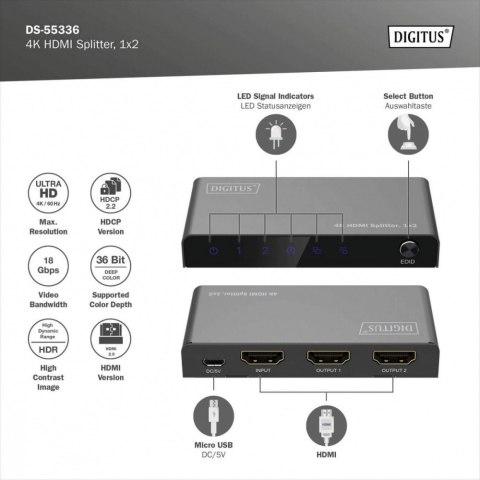 Rozdzielacz/Splitter HDMI 1x2, 4K/60Hz UHD z HDR, 18 Gbps, HDCP 2.2, EDID Rozdzielacz/Splitter HDMI 1x2, 4K/60Hz UHD z HDR, 18 Gbps, HDCP 2.2, EDID