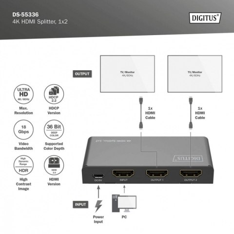 Rozdzielacz/Splitter HDMI 1x2, 4K/60Hz UHD z HDR, 18 Gbps, HDCP 2.2, EDID Rozdzielacz/Splitter HDMI 1x2, 4K/60Hz UHD z HDR, 18 Gbps, HDCP 2.2, EDID