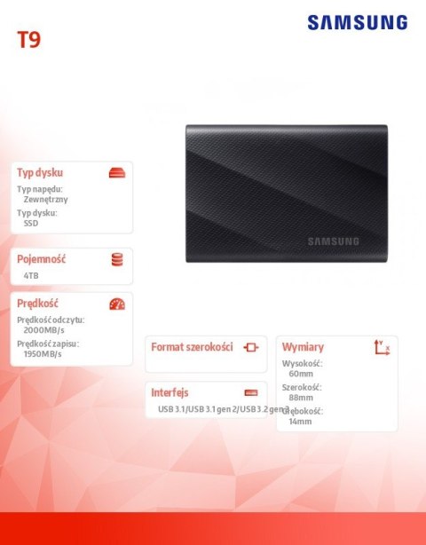 Dysk zewnętrzny SSD T9 4TB USB3.2 GEN.2 czarny Dysk zewnętrzny SSD T9 4TB USB3.2 GEN.2 czarny