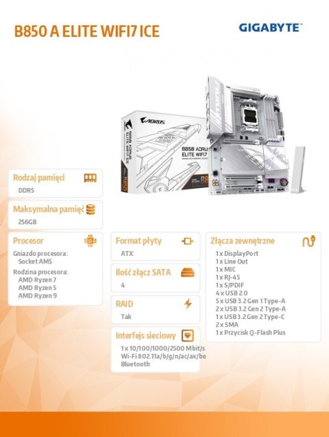 Płyta główna B850 A ELITE WIFI7 ICE Płyta główna B850 A ELITE WIFI7 ICE