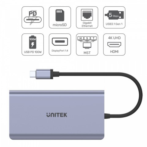 HUB USB-C 2x USB 3.1, HDMI 2.0, DP 1.4, RJ45, SD, PD 100W; D1056A HUB USB-C 2x USB 3.1, HDMI 2.0, DP 1.4, RJ45, SD, PD 100W; D1056A