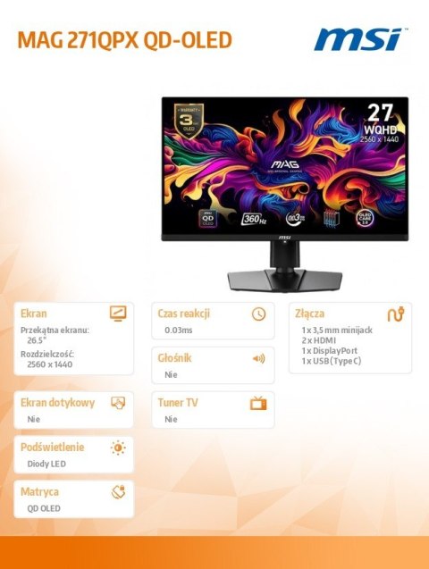Monitor 26.5 cala MAG 271QPX QD-OLED LED/WQHD/FLAT/360Hz/czarny Monitor 26.5 cala MAG 271QPX QD-OLED LED/WQHD/FLAT/360Hz/czarny