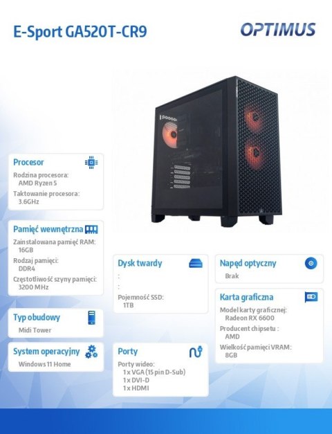 Komputer E-Sport GA520T-CR9 Ryzen 5 3600/16GB/1TB/RX 6600 8GB/W11H Komputer E-Sport GA520T-CR9 Ryzen 5 3600/16GB/1TB/RX 6600 8GB/W11H
