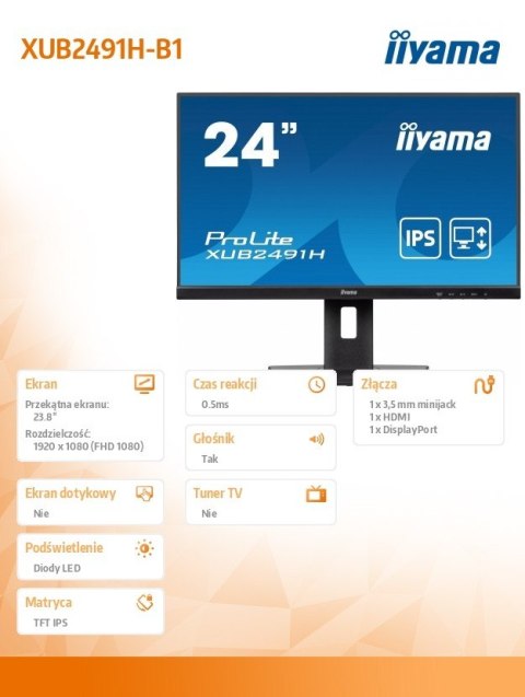 Monitor 24 cale XUB2491H-B1 IPS, HDMI, DP, 2x2W, HAS, Pivot