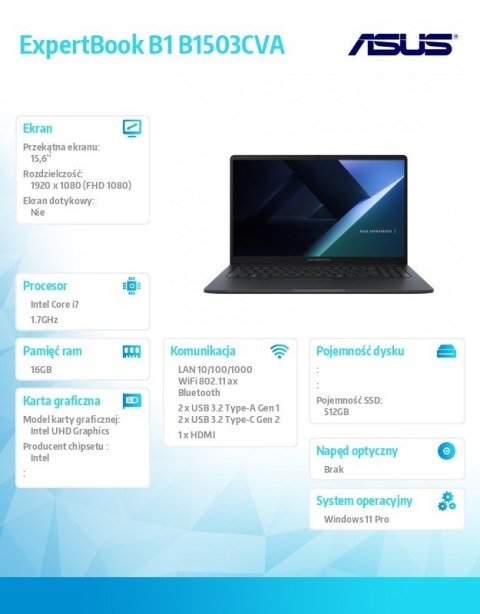 Notebook ExpertBook B1 B1503CVA-S71644X - i7-1355U/16GB/512GB/15.6 FHD/Win 11 PRO/3YRS