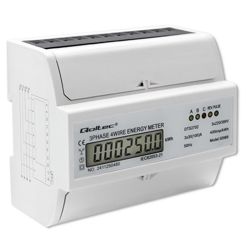 Trójfazowy dwukierunkowy elektroniczny licznik | miernik zużycia energii na szynę DIN | 400V | 100A | LCD | 4P