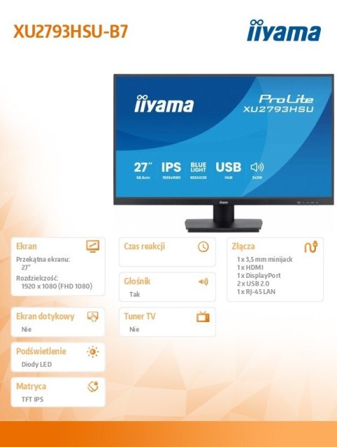 Monitor 27 cali XU2793HSU-B7 IPS.HDMI.DP.2x2W.1ms.100Hz.USBx2.300cd/m2.FlickerFree Monitor 27 cali XU2793HSU-B7 IPS.HDMI.DP.2x2W.1ms.100Hz.USBx2.300cd/m2.FlickerFree
