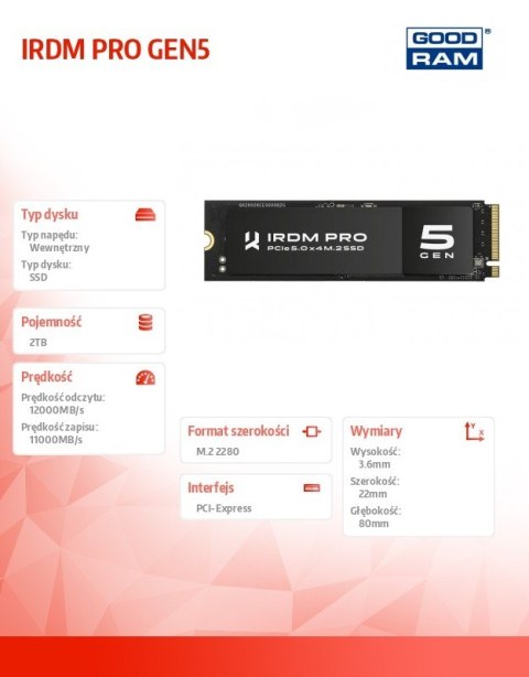 Dysk SSD IRDM PRO P54S Gen5 2TB 5x4 2280 12000/11000MB/s Dysk SSD IRDM PRO P54S Gen5 2TB 5x4 2280 12000/11000MB/s