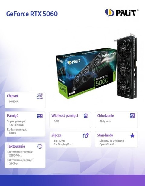 Karta graficzna GeForce RTX 5060 INFINITY 3 8GB GDDR7 128bit 3DP/HDMI Karta graficzna GeForce RTX 5060 INFINITY 3 8GB GDDR7 128bit 3DP/HDMI