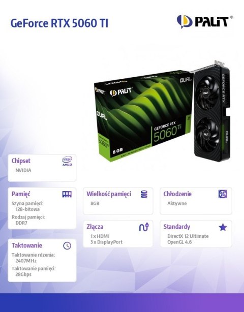 Karta graficzna RTX 5060 TI DUAL 8GB GDDR7 128bit 3DP/HDMI Karta graficzna RTX 5060 TI DUAL 8GB GDDR7 128bit 3DP/HDMI