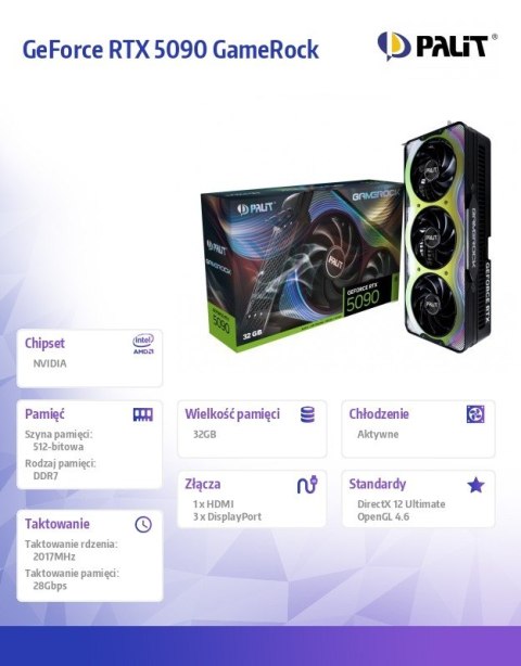 Karta graficzna RTX 5090 GameRock 32GB GDDR7 512bit 3DP/HDMI Karta graficzna RTX 5090 GameRock 32GB GDDR7 512bit 3DP/HDMI