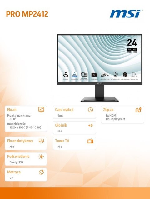 Monitor 23.8 cala PRO MP2412 LED/FHD/Flat/100Hz/czarny Monitor 23.8 cala PRO MP2412 LED/FHD/Flat/100Hz/czarny