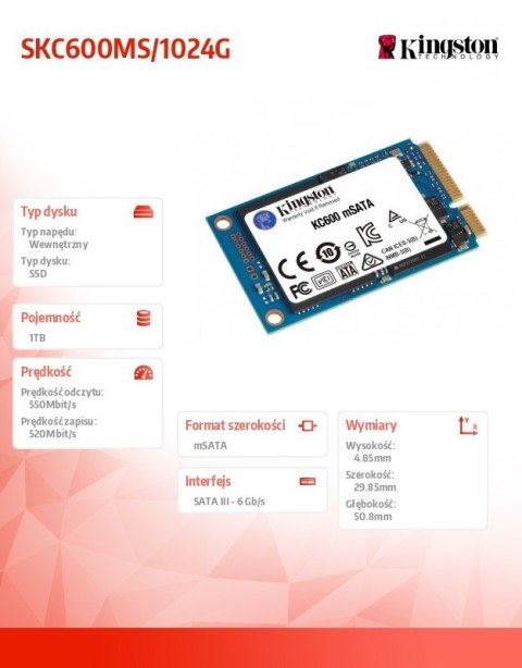 Dysk SSD SKC600 1024GB mSATA 550/520 MB/s Dysk SSD SKC600 1024GB mSATA 550/520 MB/s