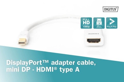 Kabel adapter Displayport 1080p 60Hz FHD Typ miniDP/HDMI A M/Ż biały 0,15m Kabel adapter Displayport 1080p 60Hz FHD Typ miniDP/HDMI A M/Ż biały 0,15m